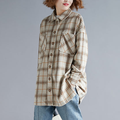 Literary Loose Large Size Women's Wild Plaid Padded Shirt