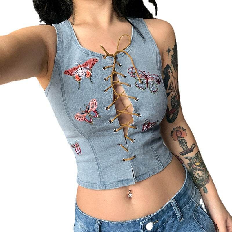 Butterfly Embroidered Cropped Lace-Up Denim Tank Top