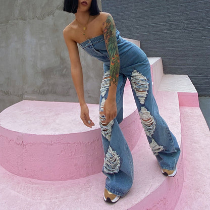 Ripped High-waisted Western-style Straight Wide-leg Denim Jumpsuit