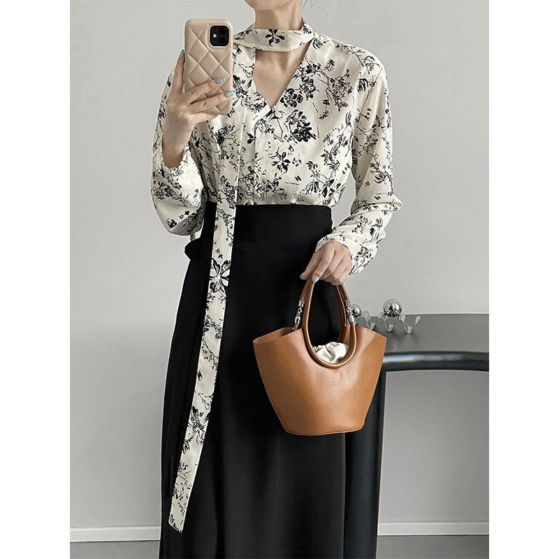 Ink Floral Mid Length Top Long Sleeve Shirt