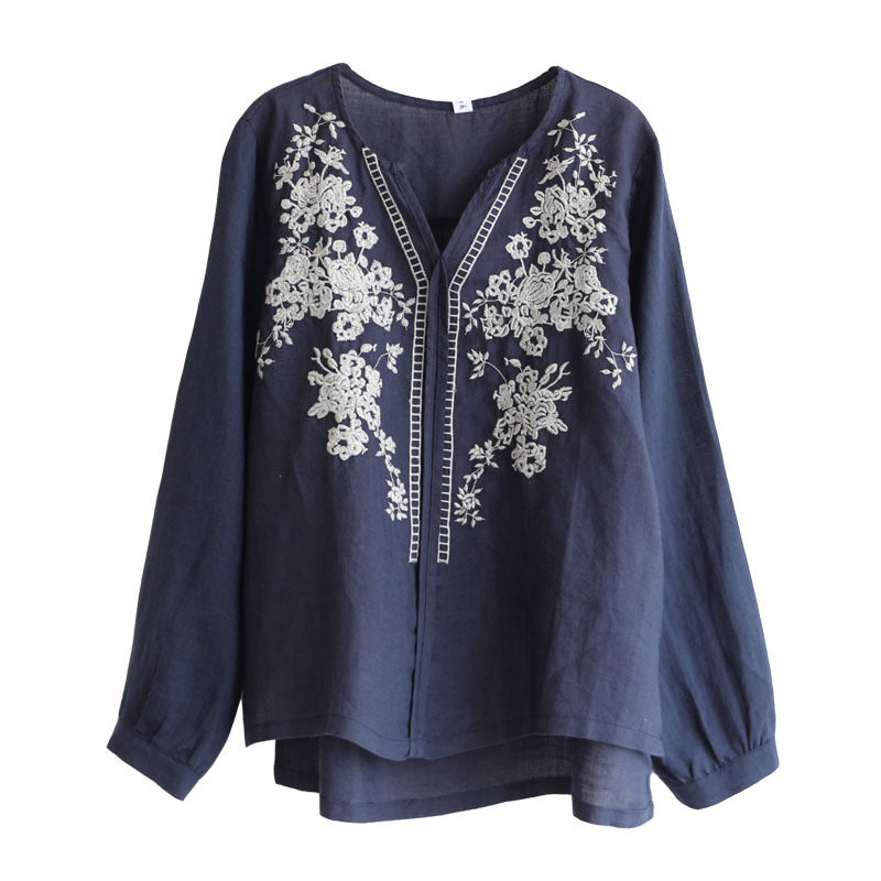 V-Neck T-Shirt Vintage Long Sleeve Pullover Embroidered Blouse