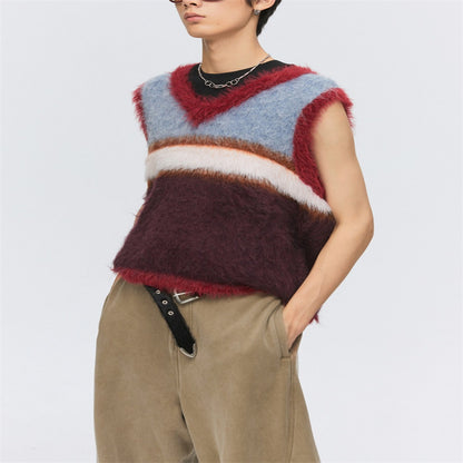 Wool Blended Long Velvet Wool Contrast Color Striped Knitted V-neck Vest Sweater