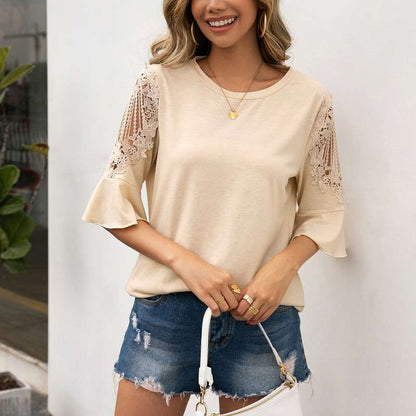 Casual Round Neck Lace Lace Stitching Five-point Sleeve Shir