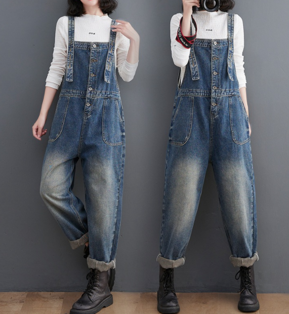 Literature And Art Solid Color Retro Large Women's Loose Denim Suspenders