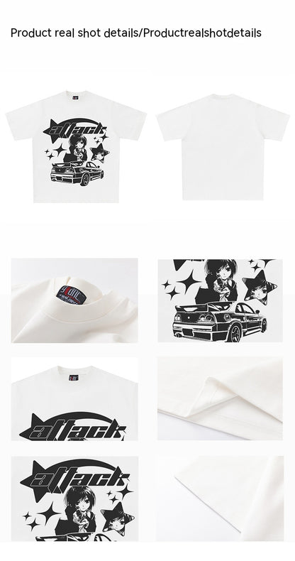 Retro White Short Sleeve T-shirt Loose Pattern Fashion Brand Harajuku Anime Half Sleeve Top