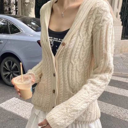 Idle Style Padded Lapel Cable-knit Sweater Bm Sweater For Women