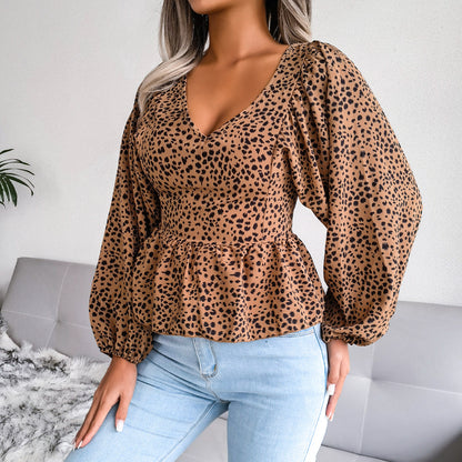 Printed Balloon Sleeve Peplum Blouse