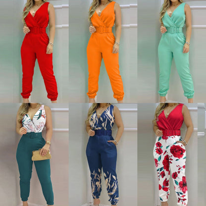 Women's V-Neck Backless Printed High Waist Jumpsuit