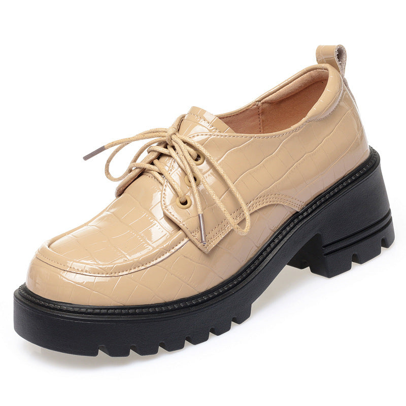 New Genuine Leather Chunky Heel Platform Lace-up Leather Shoes