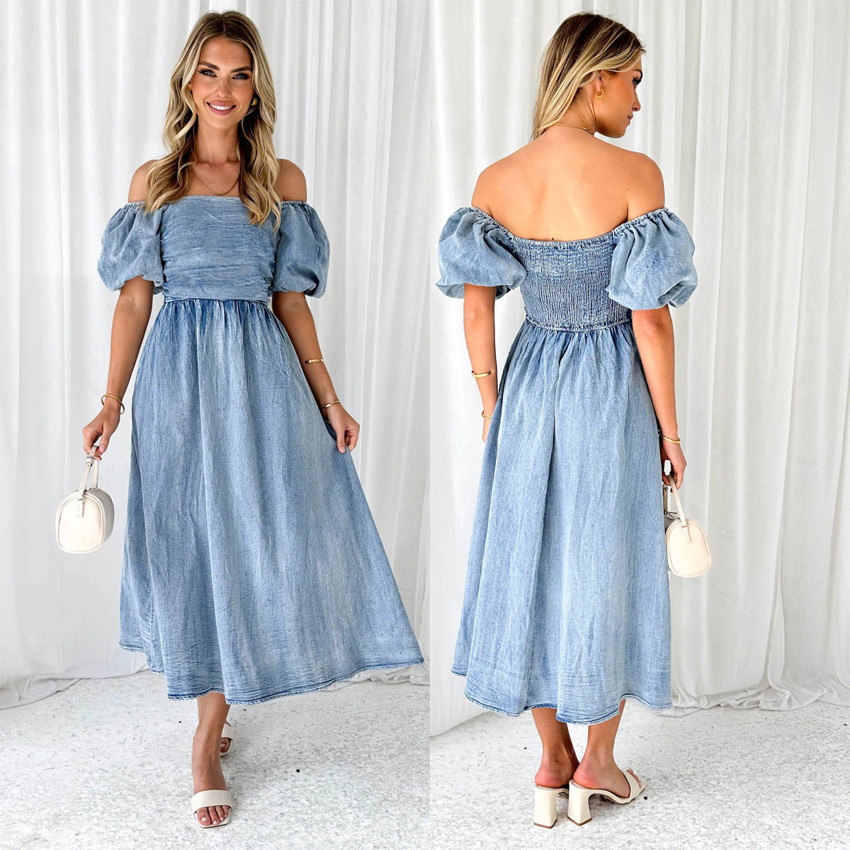 Puff Sleeve Waist-tight Denim Long Dress