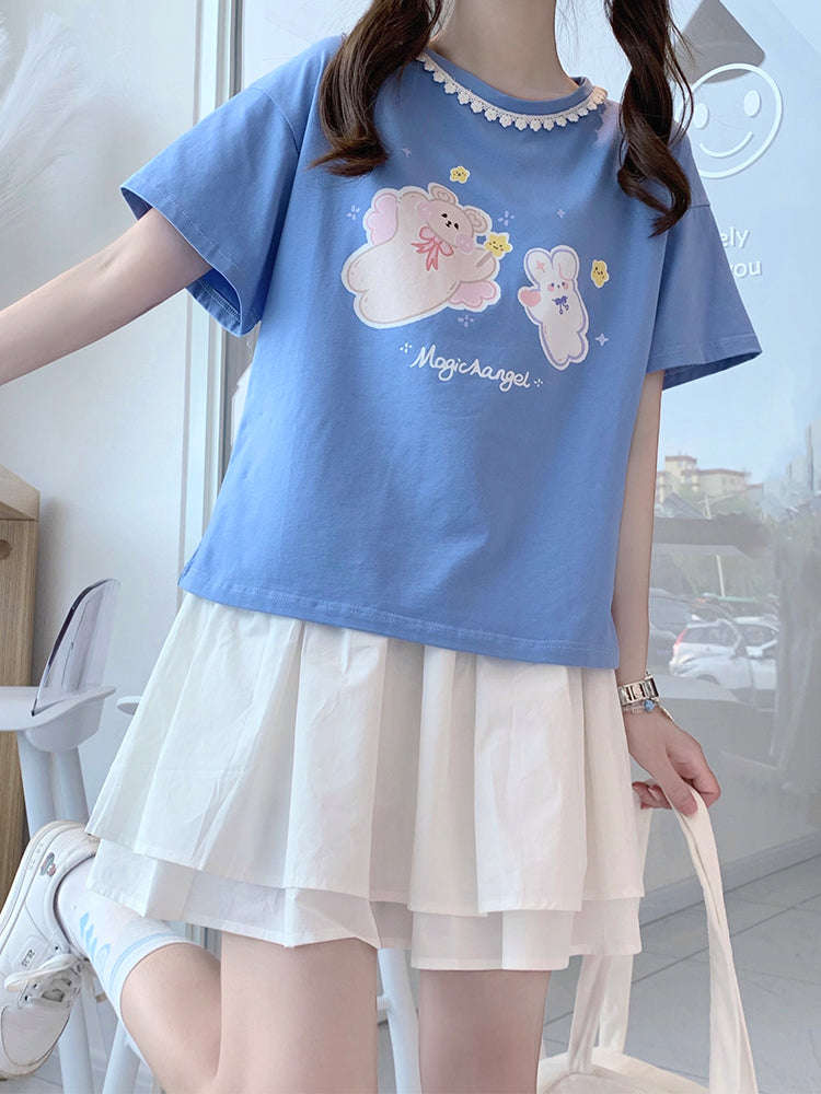 Flying Bear Soft Cute Girl Soft Sister Print Cute Lace Short-sleeved T-shirt