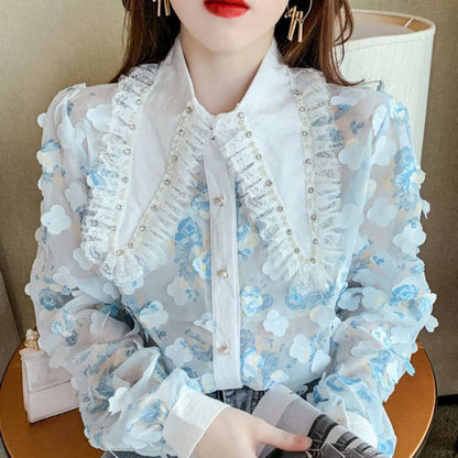 Korean Version Sweet Shirt Female Doll Collar Petals Super Fairy Chiffon Long Sleeves