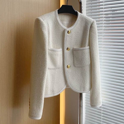 Ladies Long Sleeves Tweed Gold Buckle Top Short Small Coat