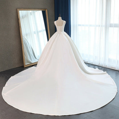 Robe de mariée principale rétro en satin, épaules dénudées, grande traînée