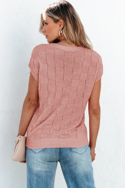 Pull à manches courtes en tricot texturé en treillis rose poussiéreux