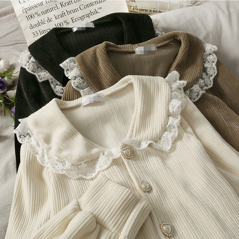 Lace Patchwork Doll Collar Vertical Striped Shirt