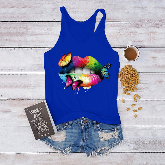 Multicolored Lips Butterflies Printed Tank Top Women