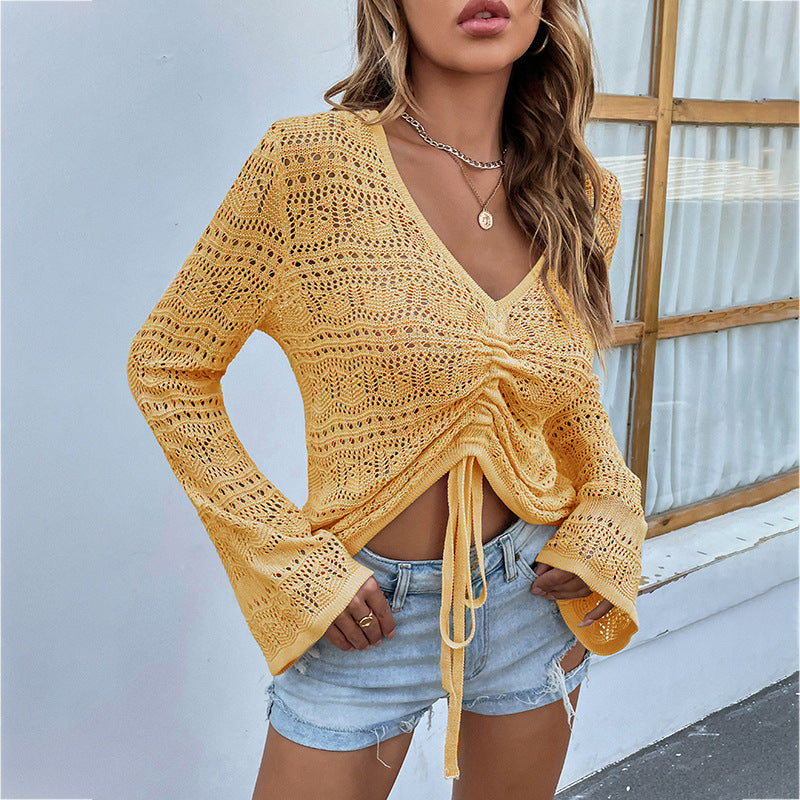 V Neck Drawstring Flare Sleeve Sweater