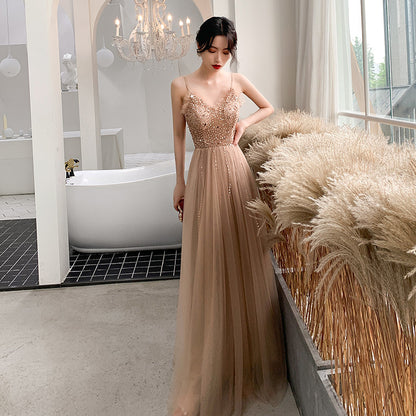 Champagne V-neck Banquet Evening Dress For Host Choral Performance