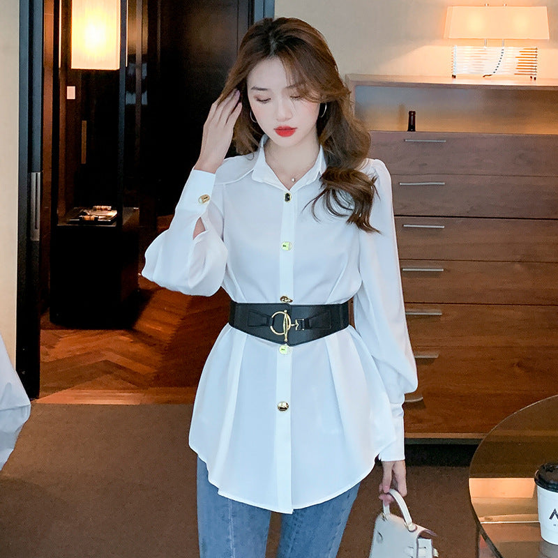 New Spring Elegant Long Sleeve Blouse Metal Buckle With Belt