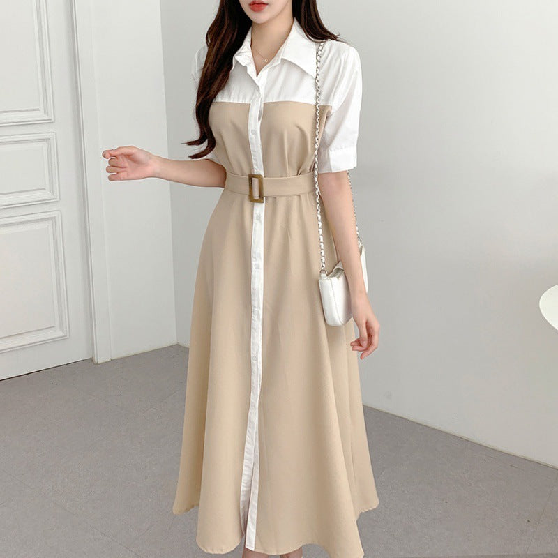 Contrast Color Waist-controlled Lace-up Dress Women