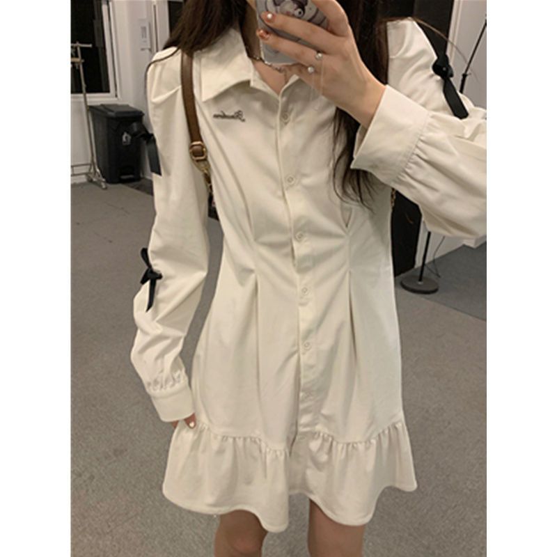 Bow Shirt Dress Women Polo Collar White Long Sleeve Short Dress