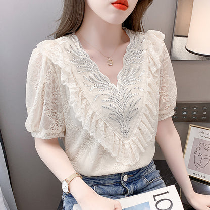 Sweet And Age-reducing Lace Chiffon Shirt Top