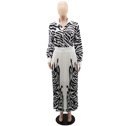 Zebra Print Long Sleeve Shirt Casual Pleated Skirt Spring And Summer Two-piece Set