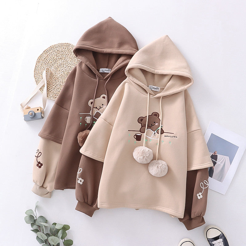 Japanese Mori Winter Fleece-lined Thickening Embroidery Painting Bear Hooded Pullover Women's Sweater