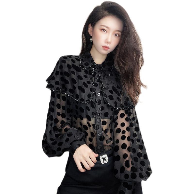 Hollow Sexy Polka Dot Velvet Shirt Women Pearl Cloak Loose Slim Top