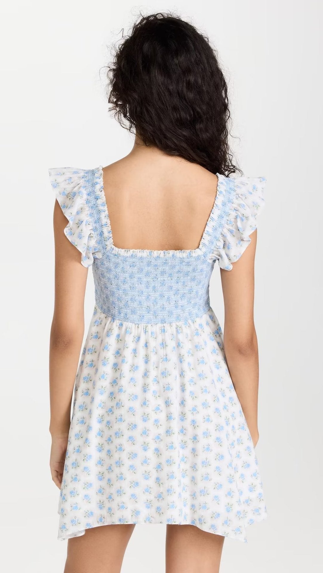 Robe ample élastique à petites fleurs bleues, Style vacances françaises