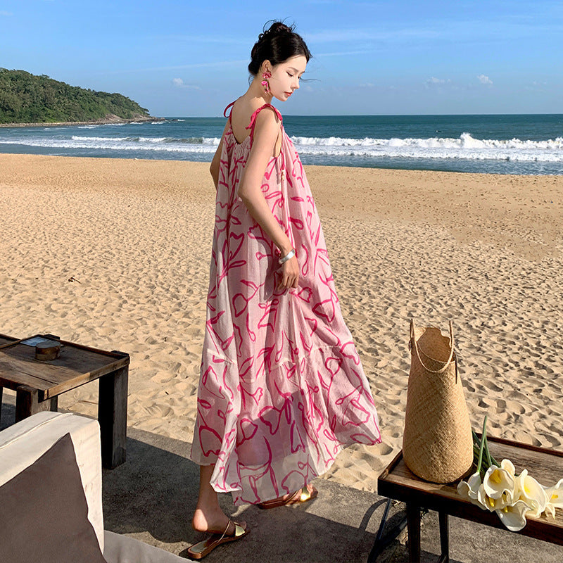 Vestido de playa con tirantes para vacaciones junto al mar con estampado de tinta