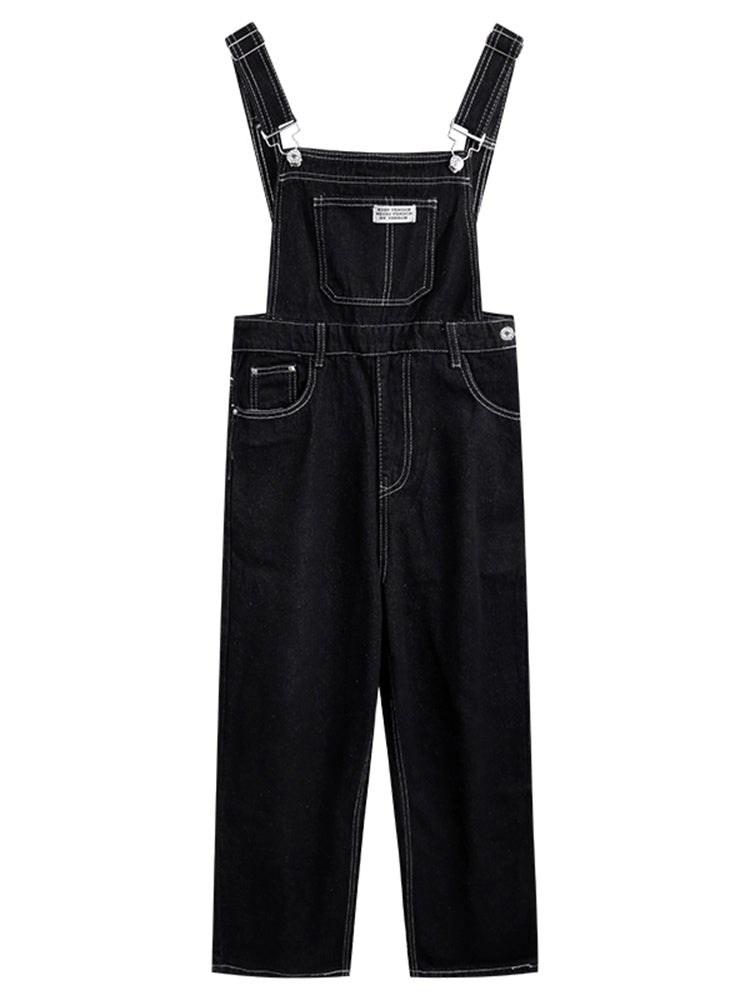 Pantalon à bretelles en denim noir droit taille haute rétro