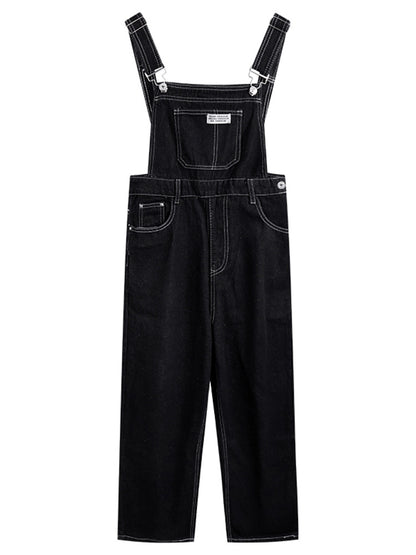 Retro High Waist Straight Black Denim Bib Pants