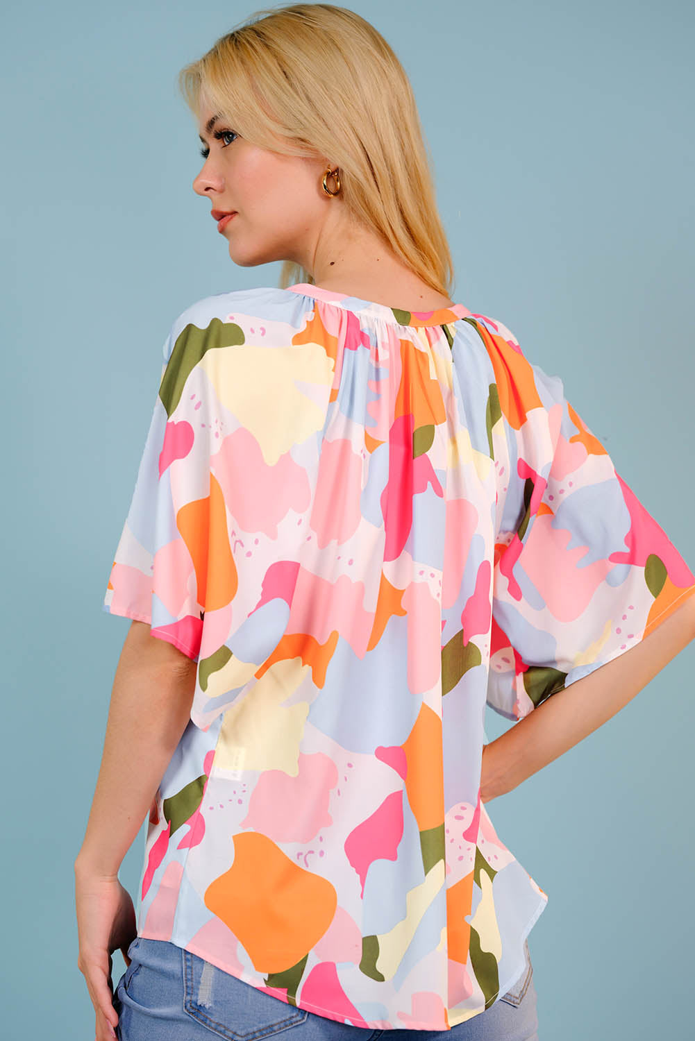 Printed Notched Neck Half Sleeve Blouse