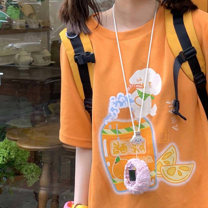 Orange jaune mignon T-shirt à manches courtes pour les femmes en été doux haut pour fille doux