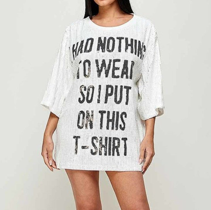 T-shirt blanc à paillettes et lettres pour femmes, demi-manches