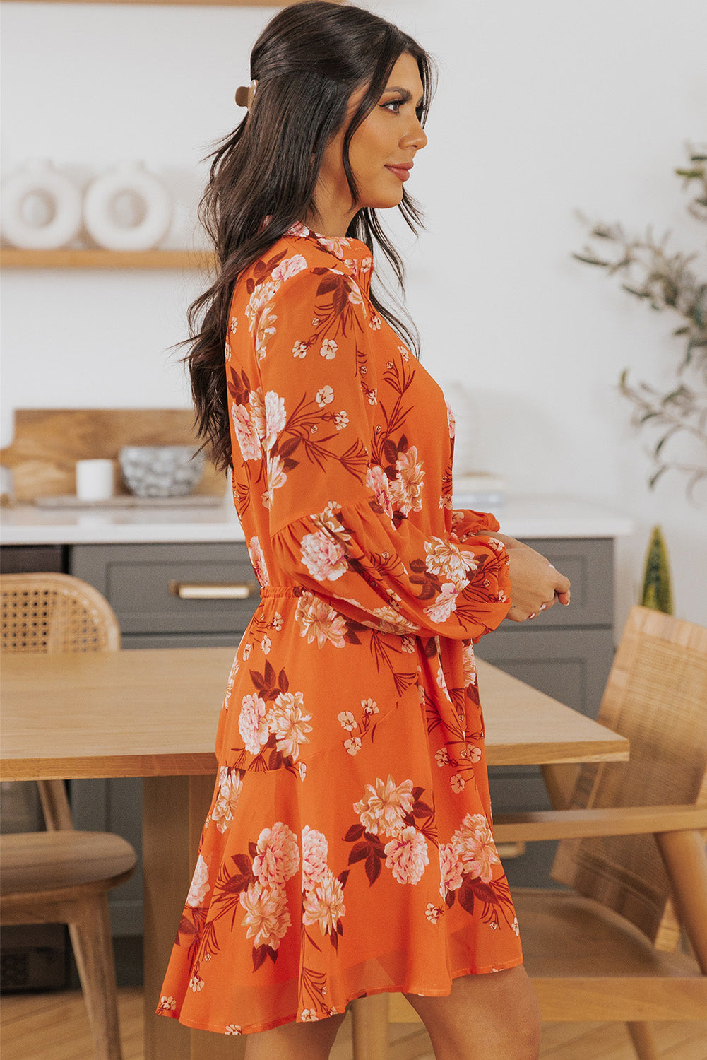 Orange Vintage Floral Print Drawstring Flowy Dress