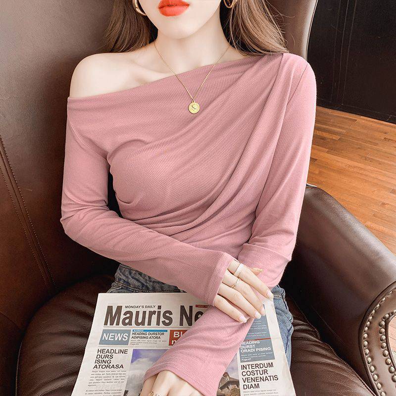 Pleated Collarbone Off-shoulder Shoulder-baring Top Slimming Inspirational Bottoming Shirt