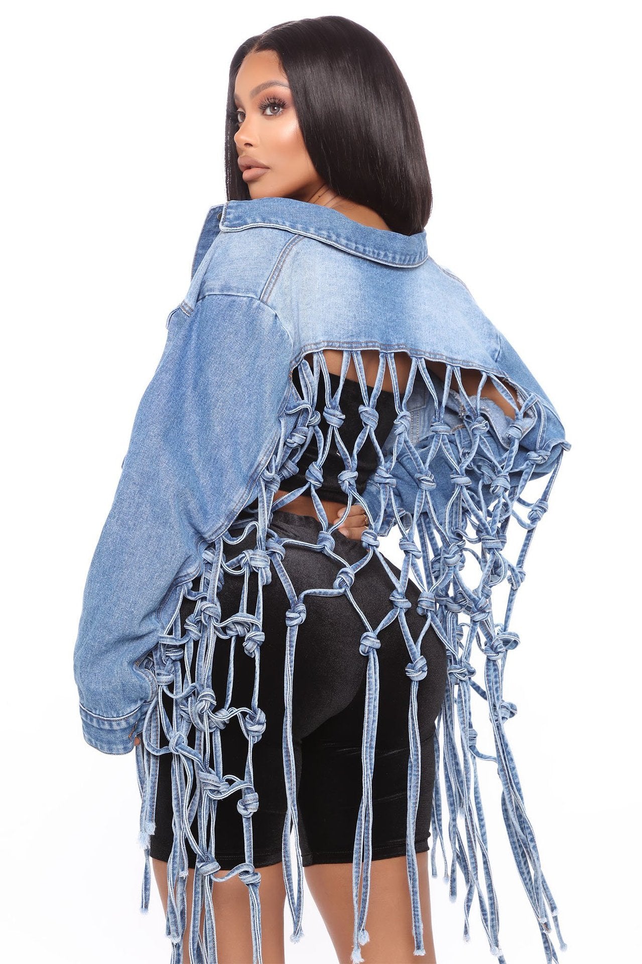 Women's Back Mesh Fringed Denim Jacket