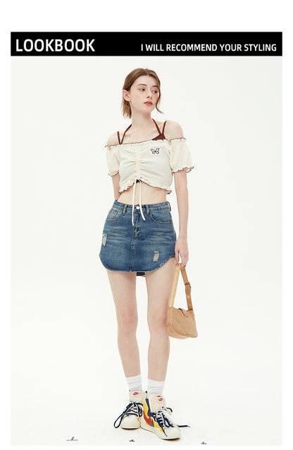 Nariele Retro Ruffle Sleeveless Short Small Shirt Two-piece Set