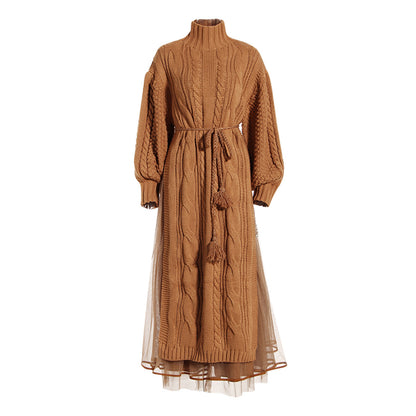 Long Stand-up Collar Lantern Sleeve Sweater Skirt Two-piece Set