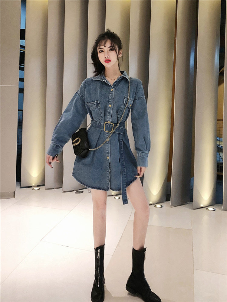 Robe en jean à manches longues, veste chemise ample