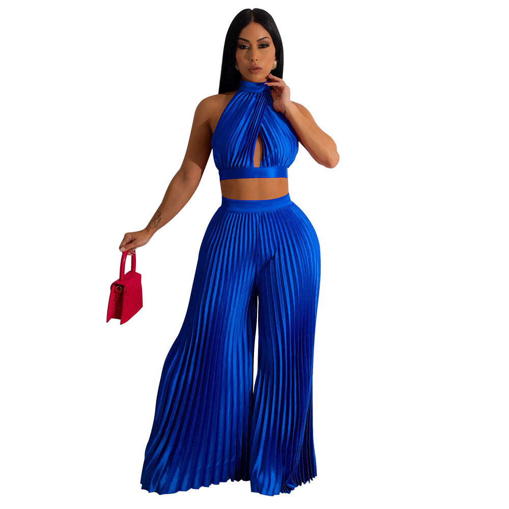 Women's Halter Silk-like Pleated Wide-leg Pants Two-piece Set