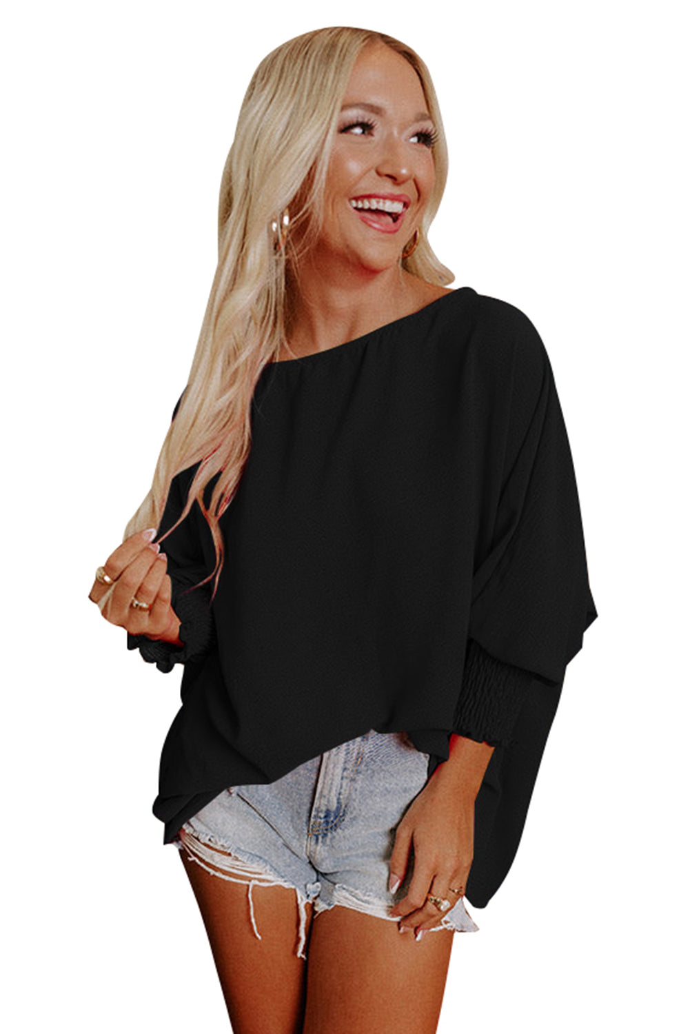 Black Plain Batwing Sleeve Business Casual Blouse for Women