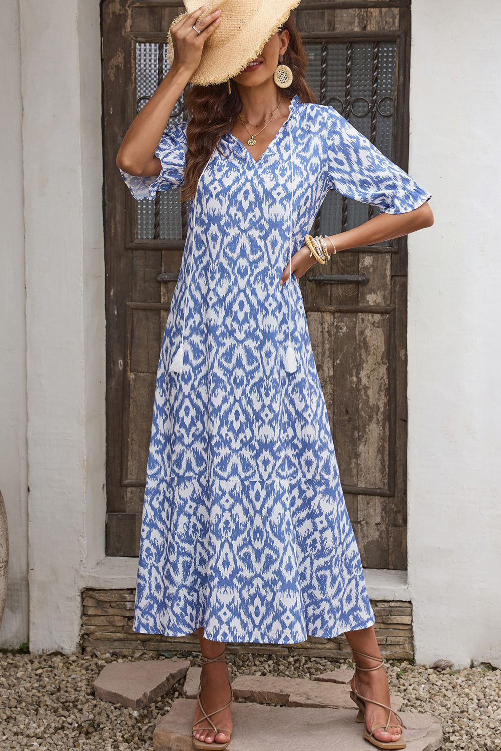 Sky Blue V Neck Casual Geometric Print Maxi Dress