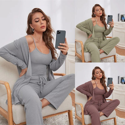 Home Wear Waffle Knitted Suspenders Top And Trousers Robe Pajamas Three-piece Suit