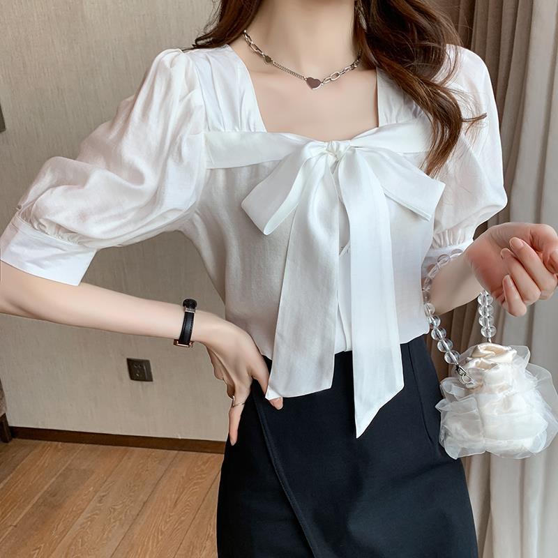 Loose Tie Shirt Short Sleeve Bow Top