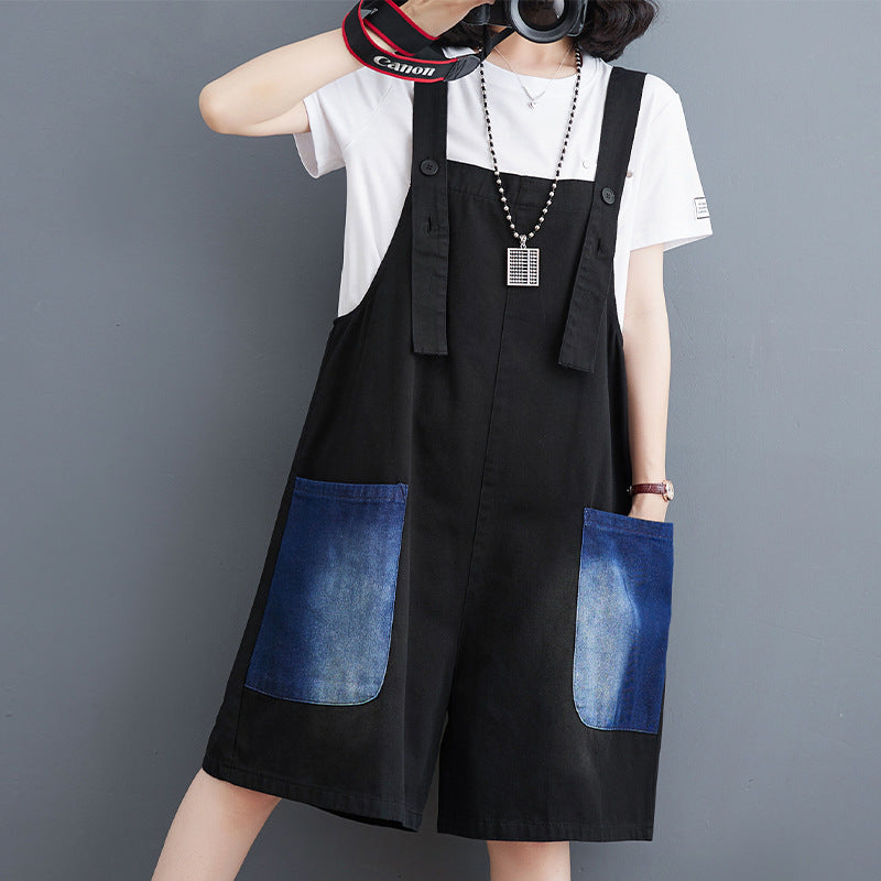 Fashion Large Contrast Denim Strap Pants