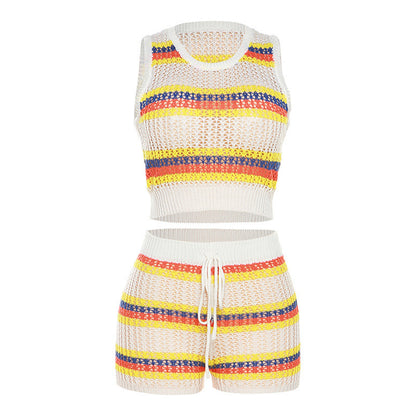 Knitted Contrasting Sleeveless Top With High Waist And Buttocks Shorts Casual Set